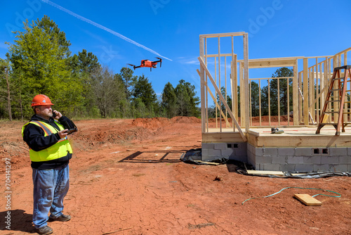 Construction inspector checks quality of construction at construction site using drone