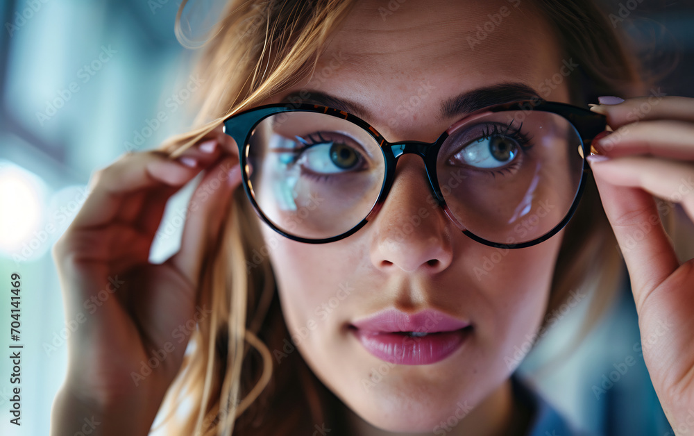 Close up of beautiful young woman wearing glasses Close up of beautiful young woman wearing glasses