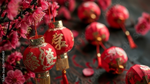 red lanterns chinese new year decoration celebratiion. traditional asian festival. wallpaper background for cards and web design. Generative AI