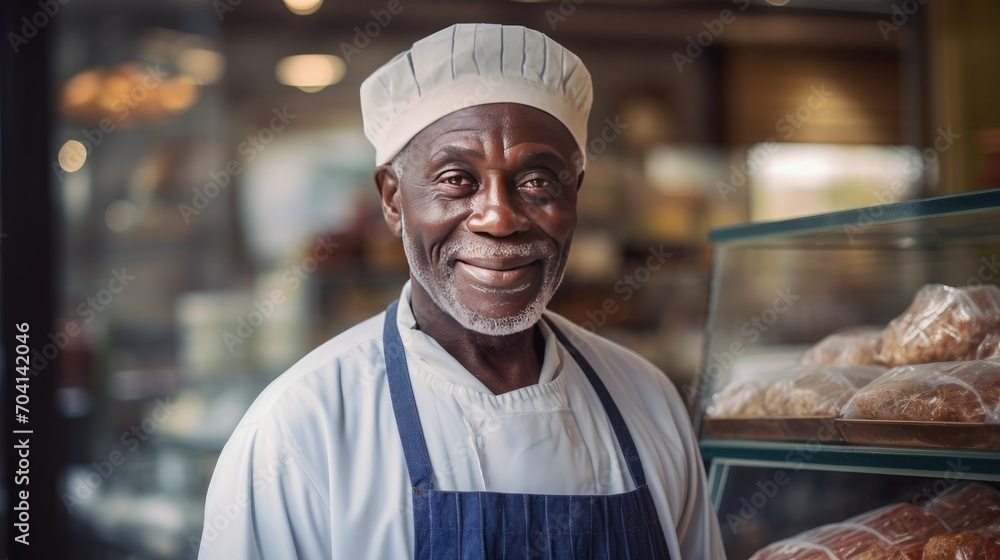 African senior male standing in front of bakery