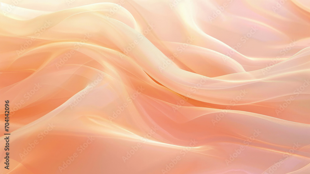 Abstract wavy pattern of peach silk, soft fabric texture background. Creative illustration of wave of orange pink textile. Theme of art, color, design, wallpaper, beauty, light - obrazy, fototapety, plakaty 