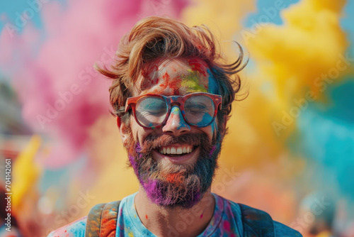Happy bearded man celebrating Holi festival, portrait of person with paint on face. Smiling guy having fun on colorful powder clouds background. Concept of India, color, travel people photo