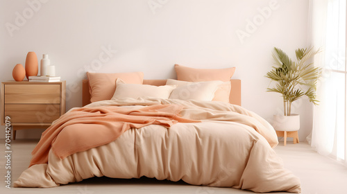 A comfy bedroom with a bed dressed in soft peach fuzz color bedding. Modern trendy tone hue shade photo