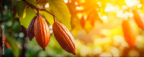 Cocoa pods, cacao tree blurred background with copy space photo