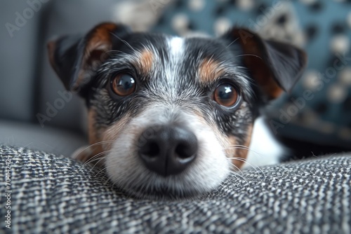 An adorable puppy of a specific dog breed gazes closely with curiosity, indoors, revealing its soft snout and capturing the heart of any animal lover photo