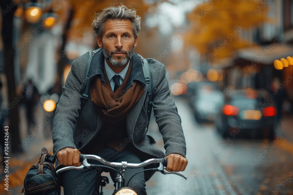 Man wearing a business suit riding a bicycle in an urban area