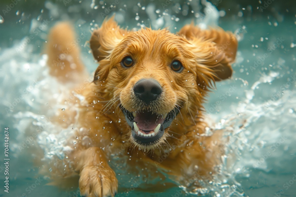 Dog runs through the water on the beach