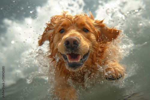 Dog runs through the water on the beach