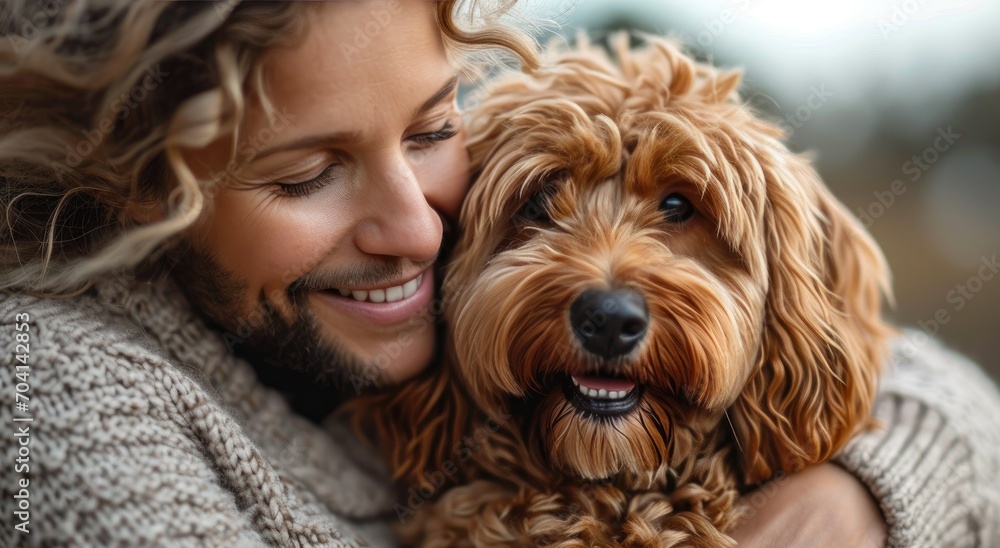 A stylish woman proudly poses with her beloved labradoodle and terrier in a scenic outdoor setting, showcasing her love for her furry companions and their unique dog breeds A stylish woman proudly poses with her beloved labradoodle and terrier in a scenic outdoor setting, showcasing her love for her furry companions and their unique dog breeds