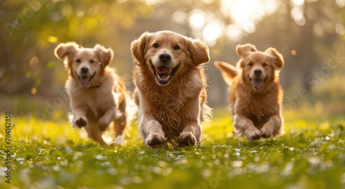 A pack of majestic golden retrievers frolic through a lush green field, embodying the playful and loyal nature of these beloved canine companions