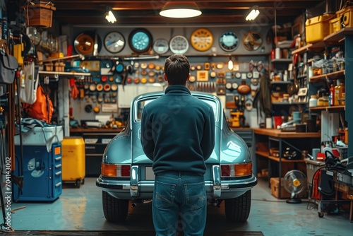A man stands among neatly organized clothing shelves in a garage turned shop, his rugged street style contrasting with the sleek parked vehicle and rows of tires on the indoor floor photo