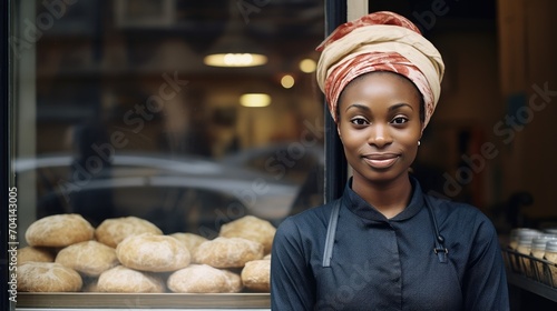 African young female standing in front of bakery