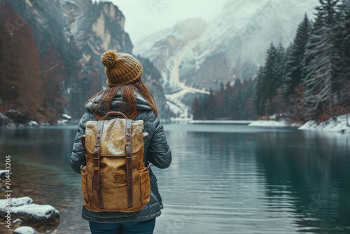Woman with backpack is looking into the frozen lake