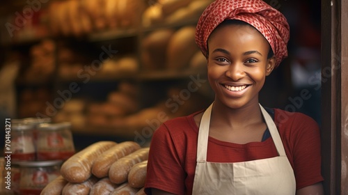 African young female standing in front of bakery photo