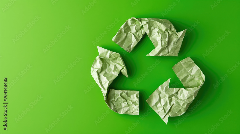 Green recycle symbol on crumbled wrinkled paper. Graphic banner with copyspace Green recycle symbol on crumbled wrinkled paper. Graphic banner with copyspace