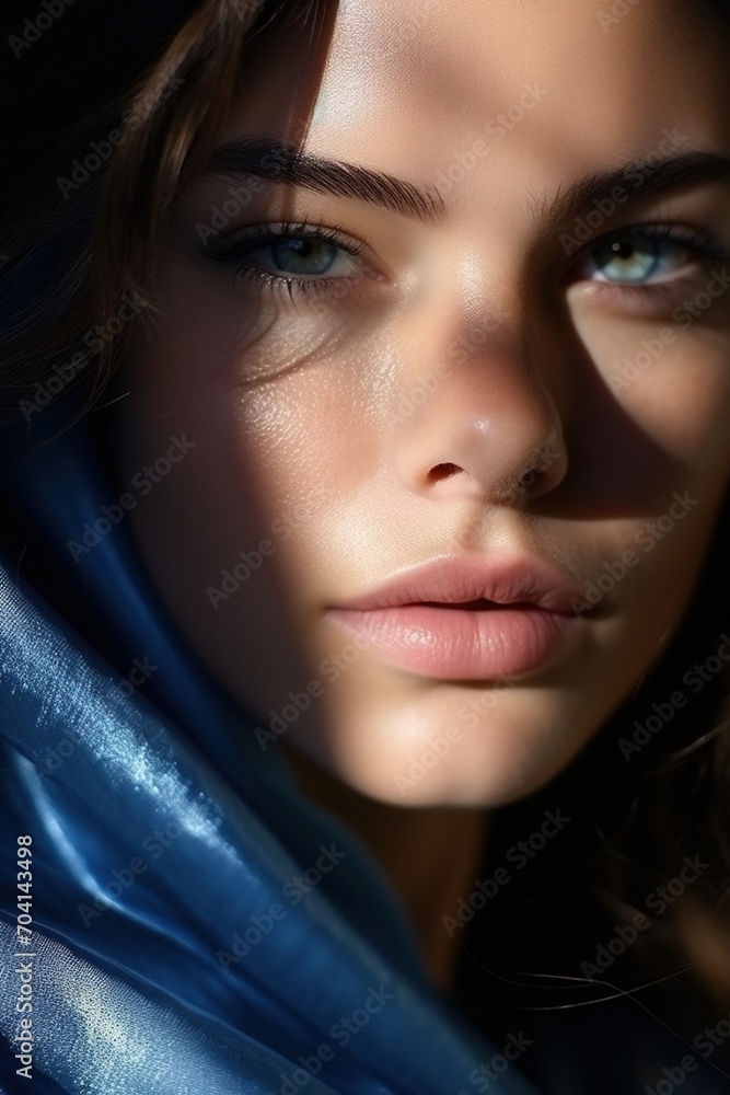 Portrait of a young woman with blue eyes and brown hair wearing a blue scarf Portrait of a young woman with blue eyes and brown hair wearing a blue scarf