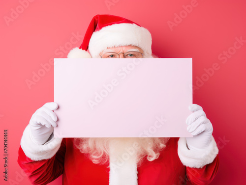 Santa Claus points at a blank advertising banner isolated on red background © Kedek Creative