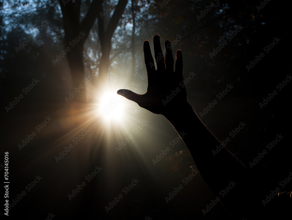 Silhouette of a hand reaching upwards seeking help from a light source Silhouette of a hand reaching upwards seeking help from a light source