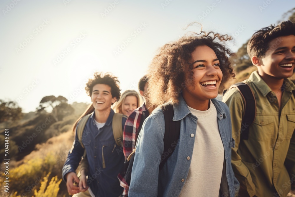 Group of diverse friends hiking together in the countryside