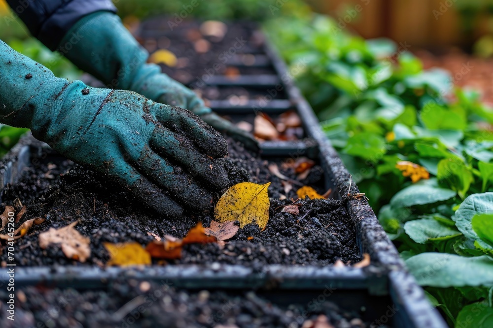 Naklejka premium Woman in gloves digging and planting 