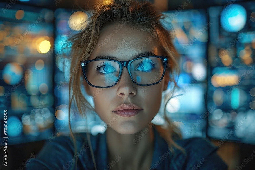 Woman in glasses looking at a data display system Woman in glasses looking at a data display system