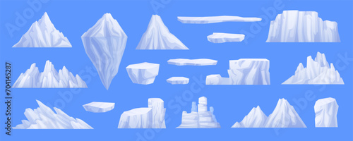 Cartoon arctic floating glaciers, icebergs and ice mountains. Vector icy cliffs and frozen block elements for north landscape photo