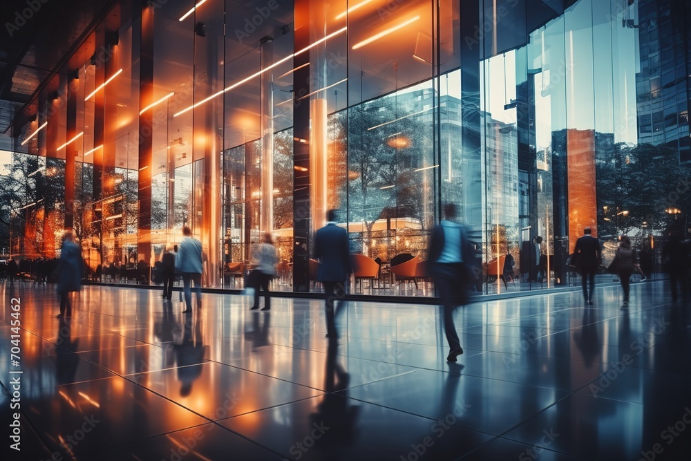 People walking in a modern glass building