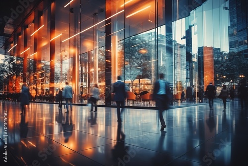 People walking in a modern glass building