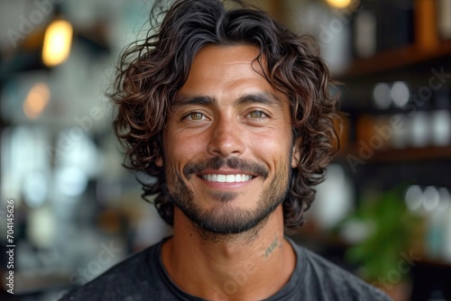 Portrait of a man with curly hair in a hair salon