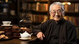 Portrait of a smiling elderly Asian man in traditional clothing sitting at a table with a teapot and a plate of cookies
