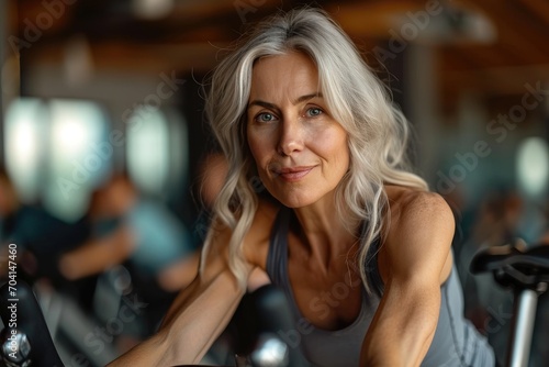 Senior woman has fun in the gym on her exercise bike