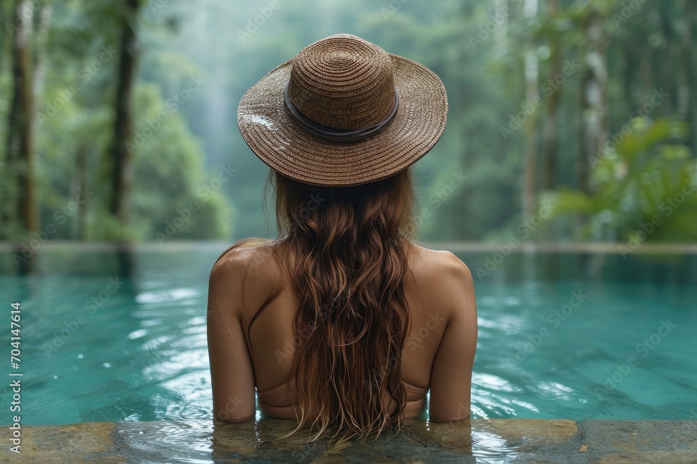 Woman with hat in pool in tropical rainforest