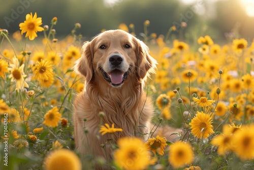 Dog running on a field of flowers