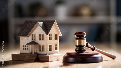 Real Estate Law Concept: Wooden Gavel with House Model photo