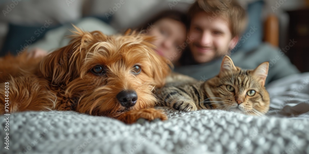 Loving couple with a cat and a dog on the bed Loving couple with a cat and a dog on the bed