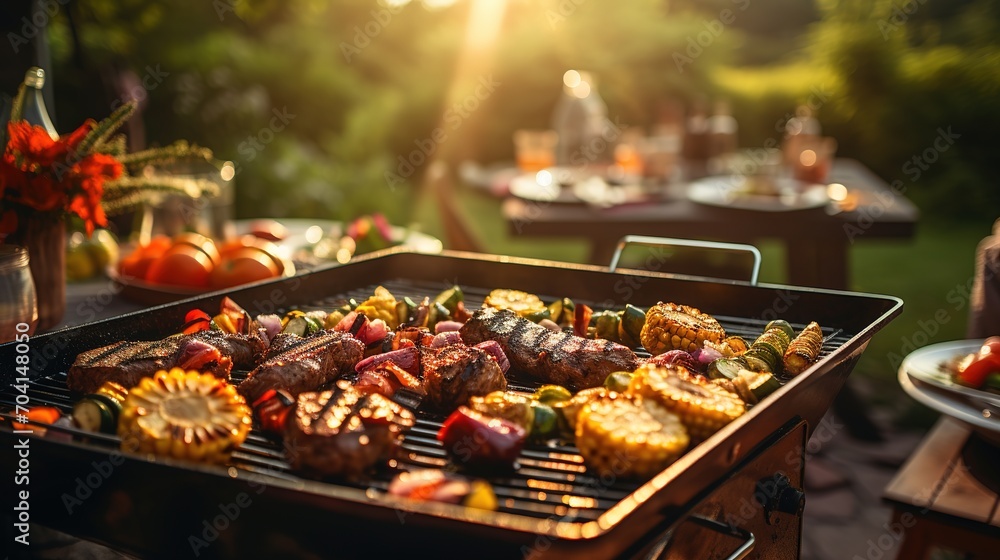 Sunset Barbecue Party: Grilled Meats and Vegetables in Outdoor Setting