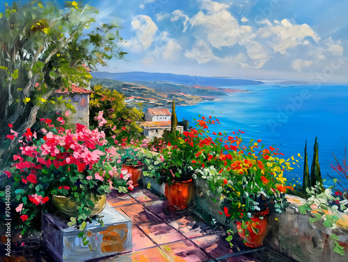 Ein Ölgemälde einer Terrasse mit bunten Blumen mit Blick auf das Mittelmeer