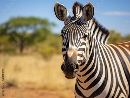 Portrait of zebra standing in grassland  wild animal in its habitat