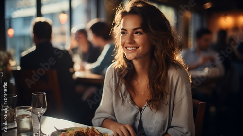 Smiling woman enjoying a meal at a restaurant