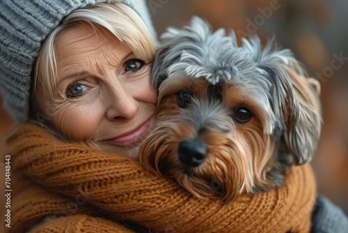 Woman enjoying outdoors with yorkshire terrier dog