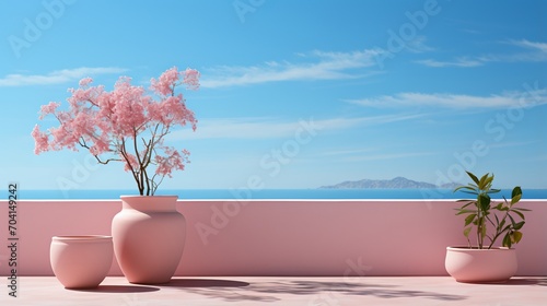 pink tree and plant on a pink balcony with a view of the ocean