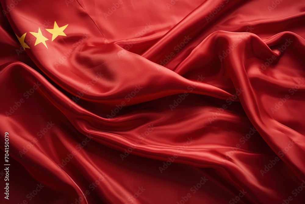 Red Chinese flag made of silk with five gold stars Red Chinese flag made of silk with five gold stars