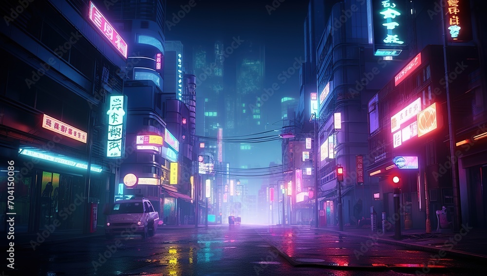 A deserted street in a cyberpunk city with neon lights and a parked car