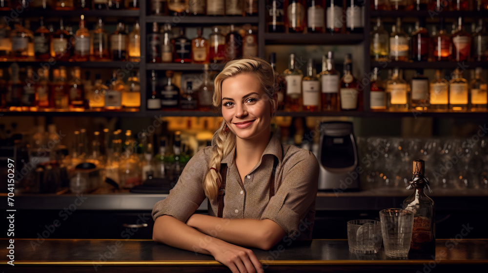 Portrait of happy young female bartender at bar. Beautiful young woman bartender working in a cafe bar in the city Portrait of happy young female bartender at bar. Beautiful young woman bartender working in a cafe bar in the city