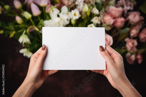 Hands presenting a white card with a dark floral background.