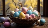 Various shaded Easter eggs in basket, window and spring trees background.