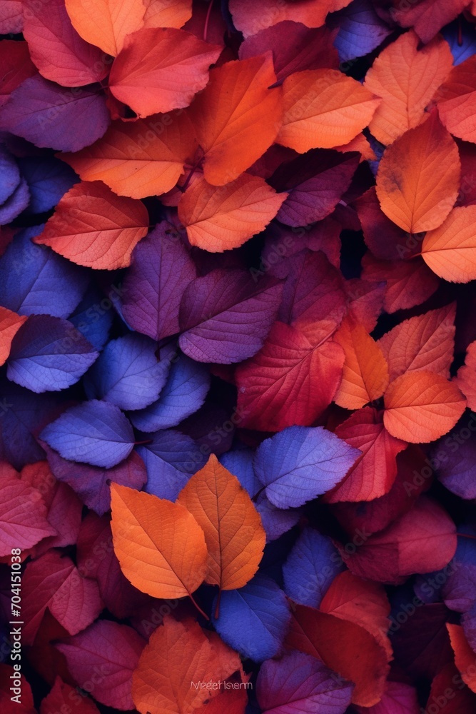 Colorful leaves in shades of purple, red, orange, and blue