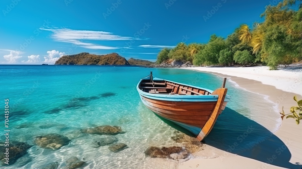 Wooden boat on a tropical beach with crystal clear water Wooden boat on a tropical beach with crystal clear water