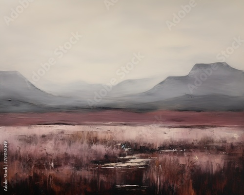 Misty pink landscape with mountains and river