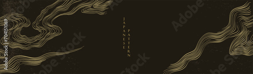 Oriental gold line decoration with black banner design, flyer or presentation in vintage style. Ocean sea elements.Hand drawn line element with Japanese pattern vector. 